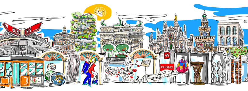 An illustration depicting a Milan Skyline and attractions