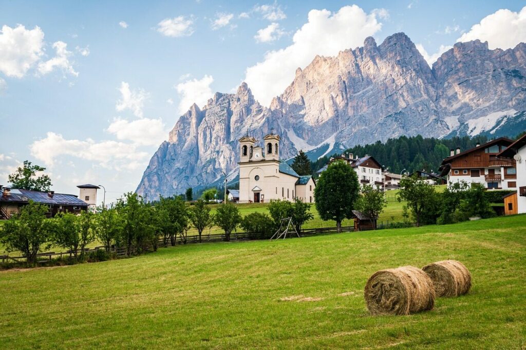 wooden house, catholic church, cortina d'ampezzo city, italy, mountain house, mountains, pine forest, forest, clouds, nature