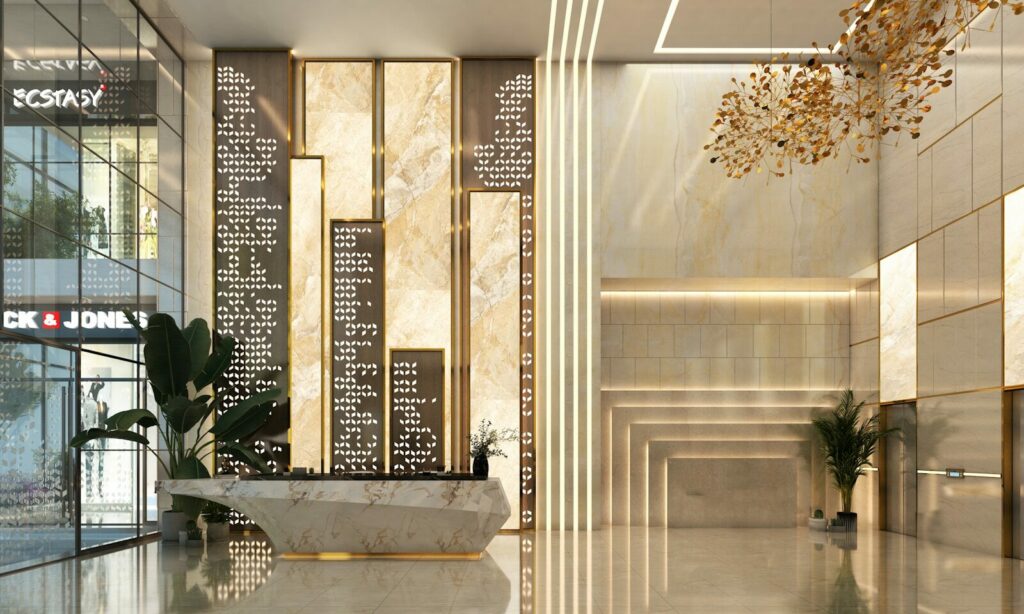 Modern lobby with marble accents and decorative lighting