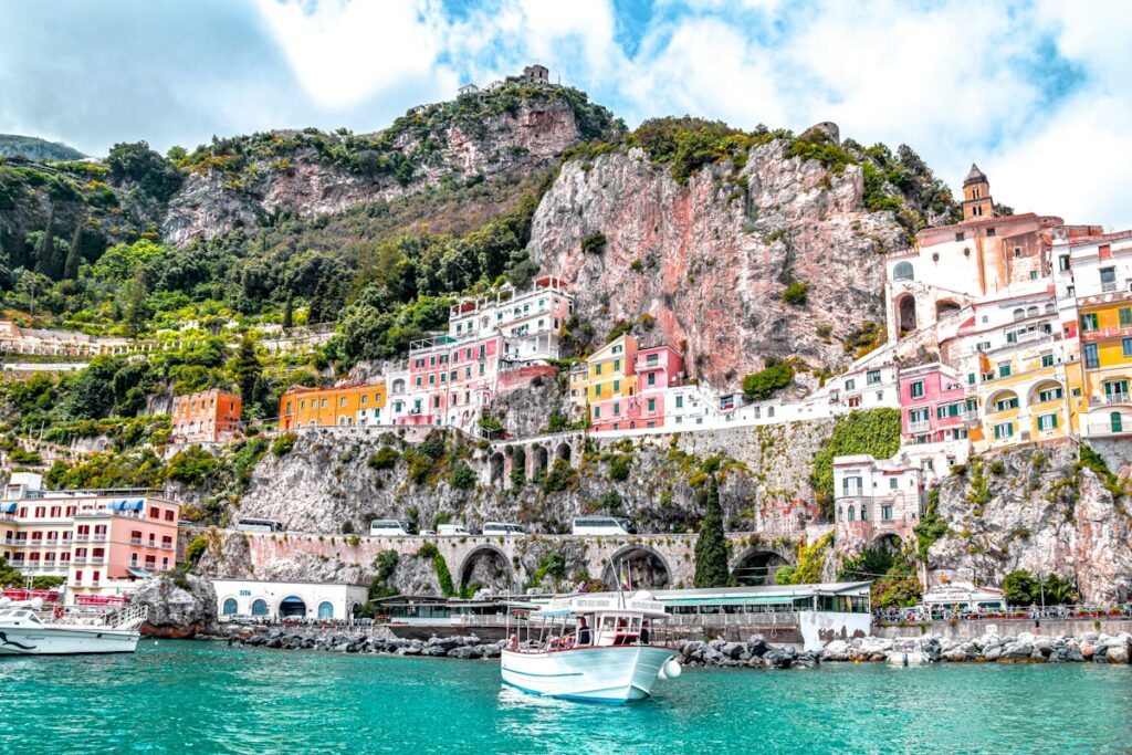 Dramatic cliffs and turquoise waters of the Amalfi Coast in springtime