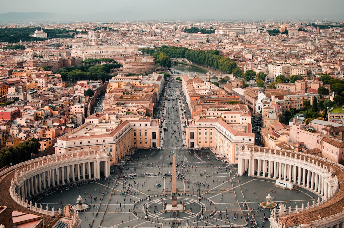 Panoramic view of Rome skyline in spring from a luxury rooftop terrace