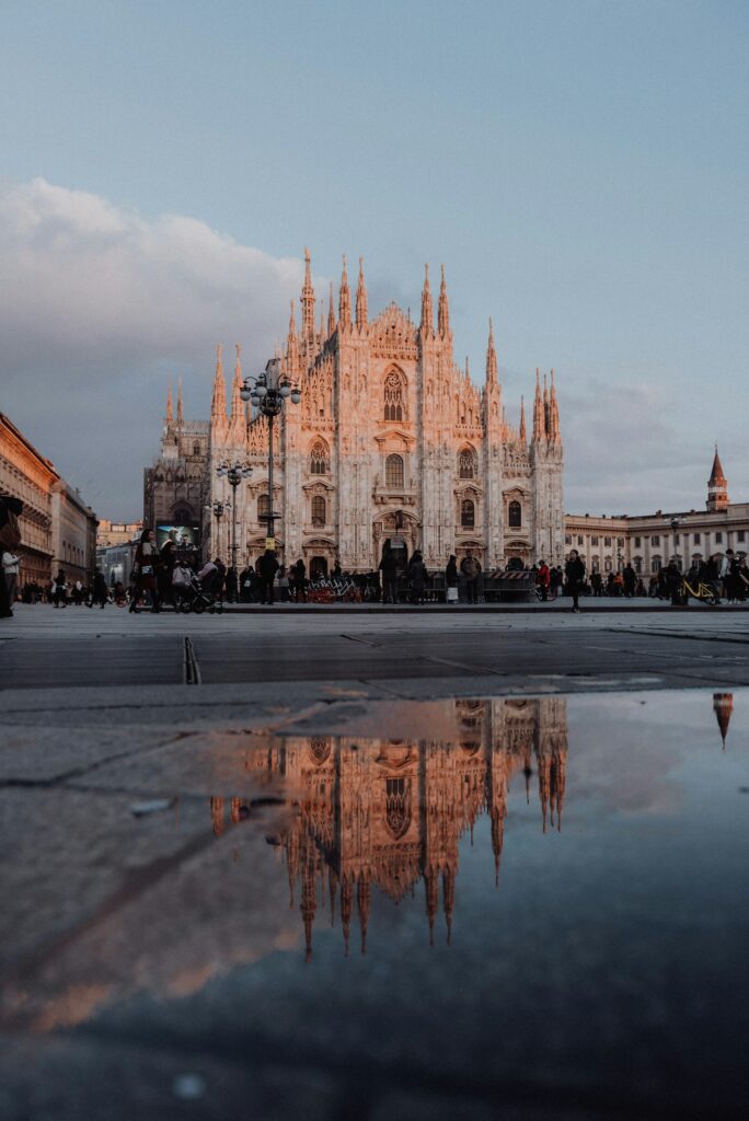 Milan Cathedral Duomo against an evening sky, near the fashion district